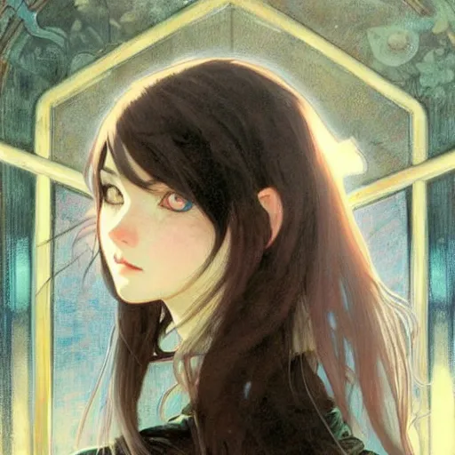 Image similar to emo girl and her cat, with long dark hair, thick eyebrows!!! deep dark big eyes and dark circles!, wide nose!!!, oval face shape, big cheeks!, by greg rutkowski and alphonse mucha, trending on pixiv