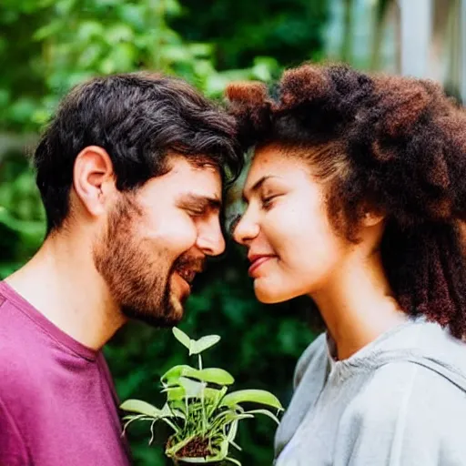 Prompt: a couple with plants growing out of their heads watering each other