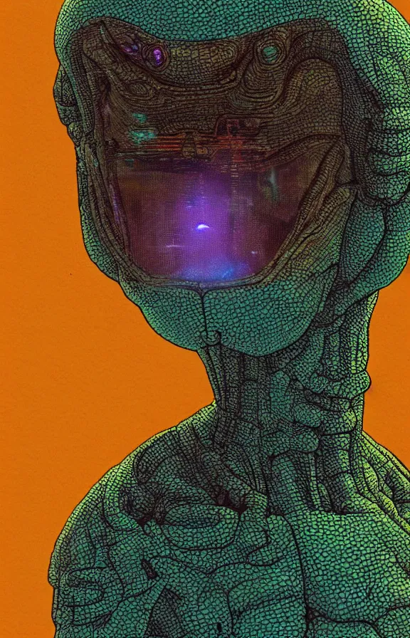 Prompt: Iridescent humanoid alien seen through a microscope, vintage sci-fi soft grainy in the style of moebius