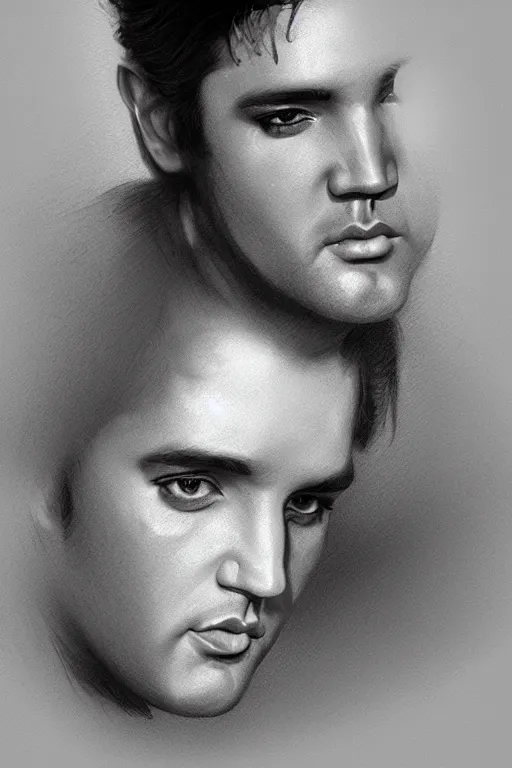 Image similar to elvis presley, gorgeous, ethereal, close - up portrait, intricate, elegant, volumetric lighting, scenery, pencil drawing, highly detailed, artstation, sharp focus, illustration, concept art, ruan jia, steve mccurry