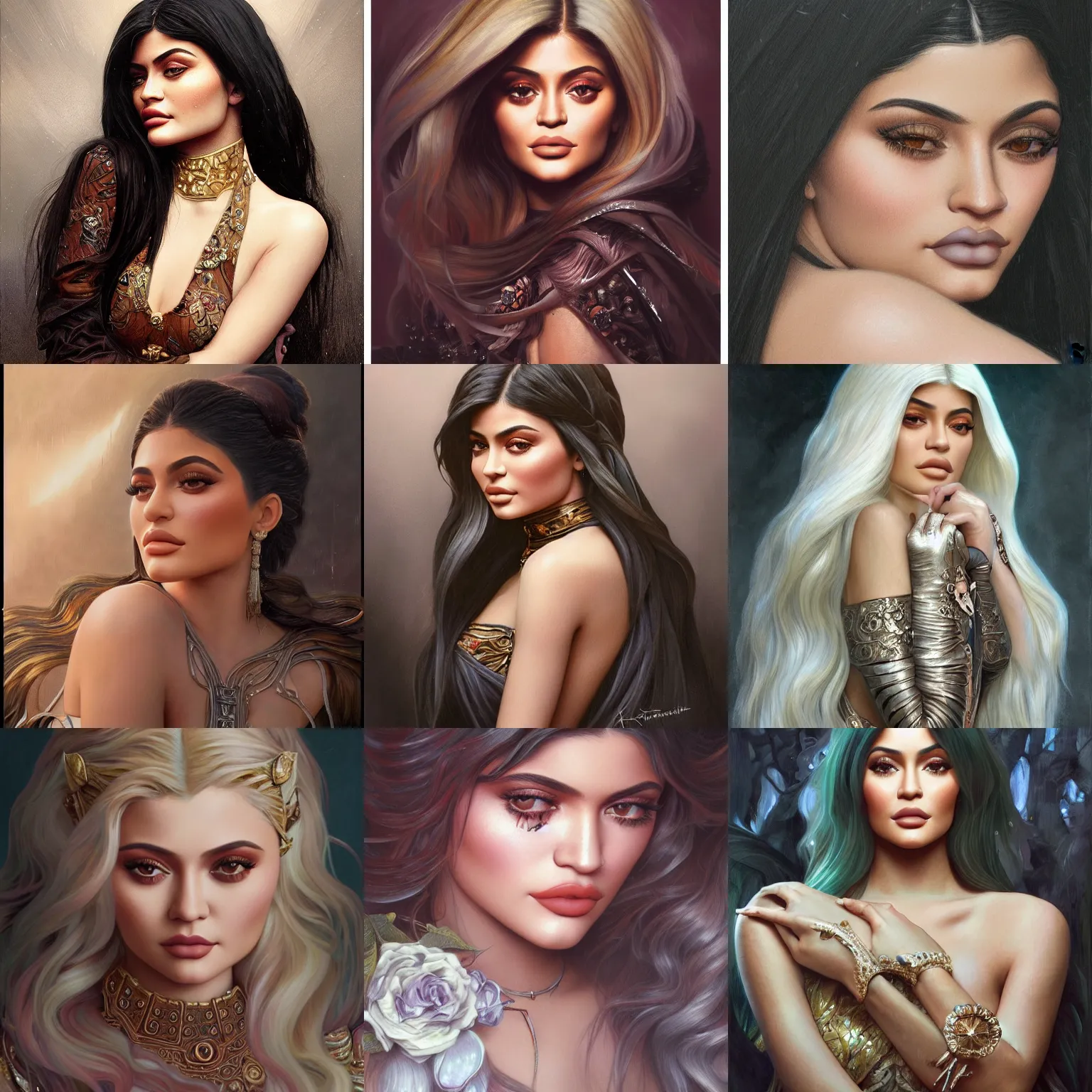 Image similar to portrait of Kylie Jenner, unreal, fantasy, intricate, elegant, dramatic, highly detailed, photorealistic, digital painting, painterly, artstation, concept art, smooth, sharp focus, art by John Collier and Krenz Cushart and Artem Demura and Alphonse Mucha and Albert Aublet