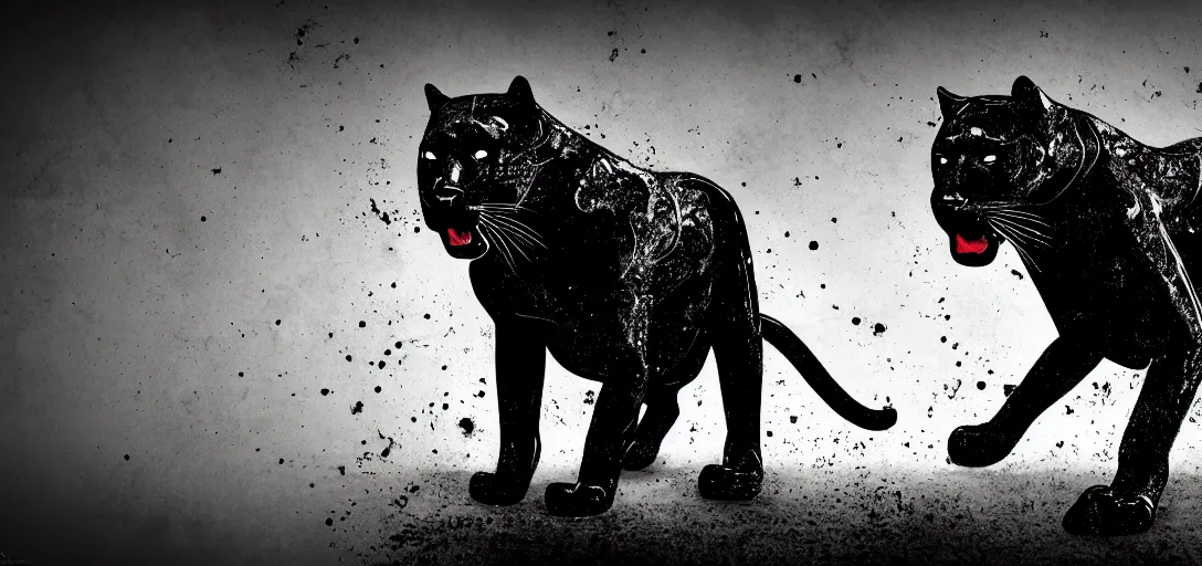 Image similar to a panther, made of tar, sticky, full of tar, covered with tar, dripping tar, dripping tar, splattered tar, sticky tar. concept art, reflections, black goo, animal drawing, desktop background, in the suburban backyard