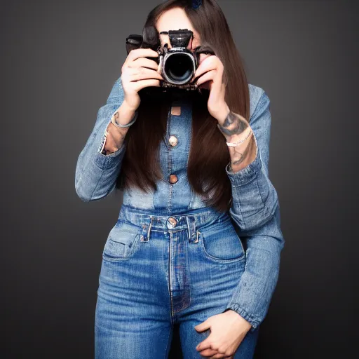 Prompt: a woman in black jacket and jeans holding a camera, a photo by Camille Souter, shutterstock, art photography, studio photography, stylish, black background