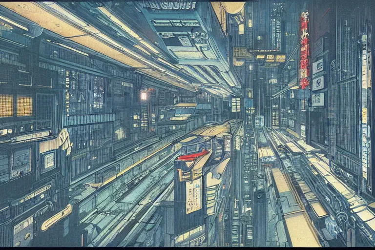 Image similar to cyberpunk buildings with a flight vehicle glowing in the sky, bottom view ， bladerunner, by hiroshige utakawa