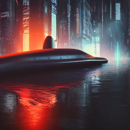 Image similar to a submarine with orange led glow stripes, wandering in the river, asia, cyberpunk, japan, land, rain, dark, lostus flowers, octance render, artstaion