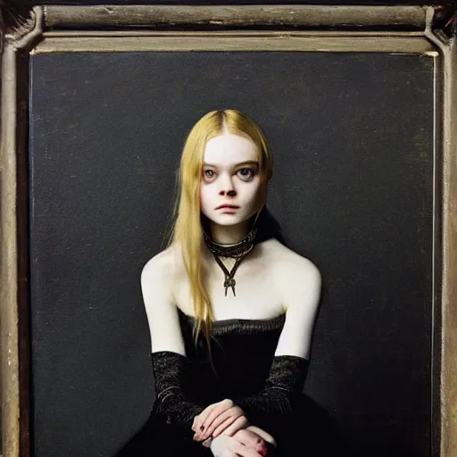 Image similar to a striking esoteric painting of Elle Fanning, dark, metal, black background, occult, by Johannes Vermeer