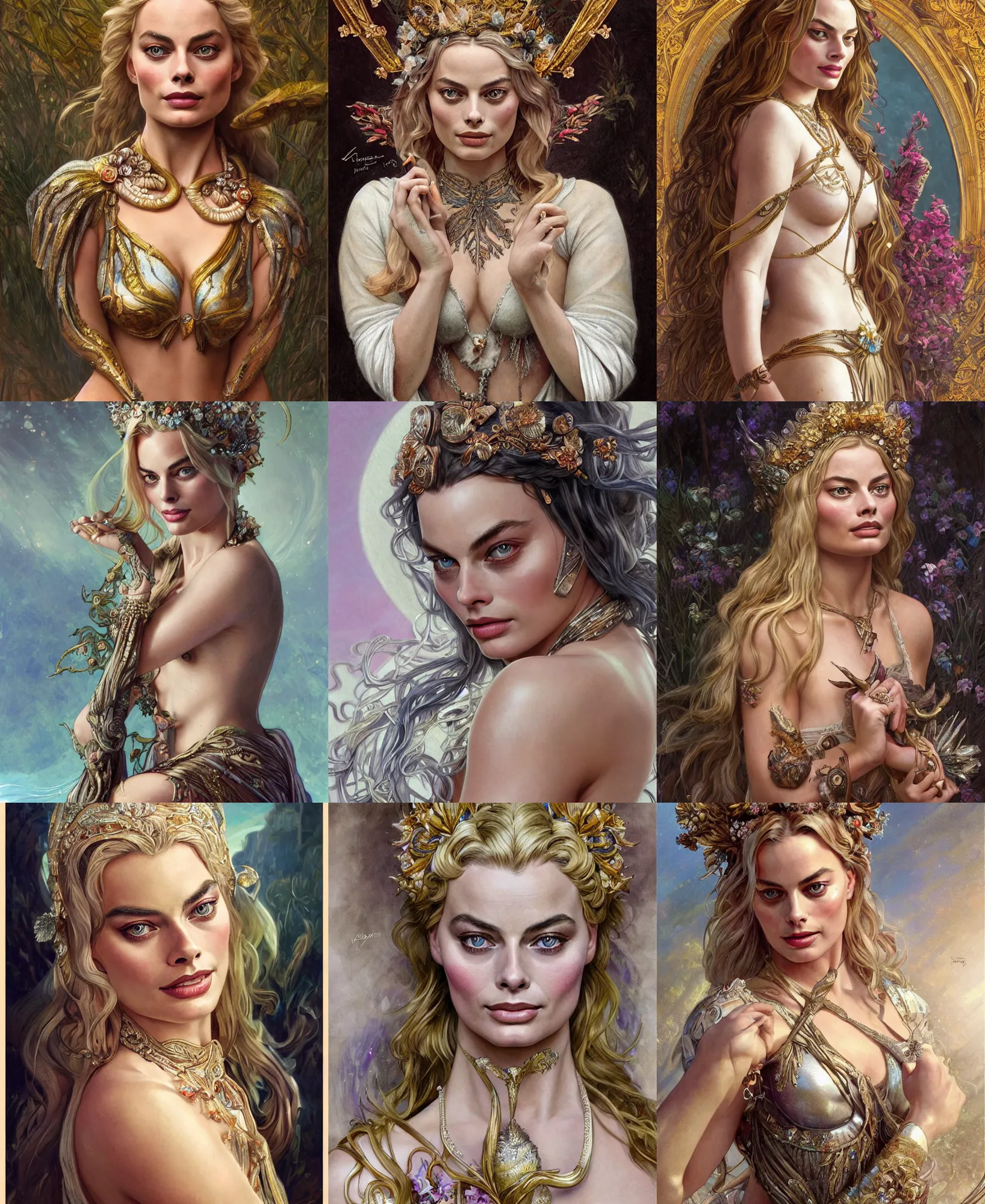 Prompt: Margot Robbie as a French Goddess, cute, fantasy, intricate, elegant, highly detailed, digital painting, 4k, HDR, concept art, detailed jewelry, smooth, sharp focus, head and waist potrait, art by Artgerm and H R Giger and Greg Rutkowski and Alphonse Mucha
