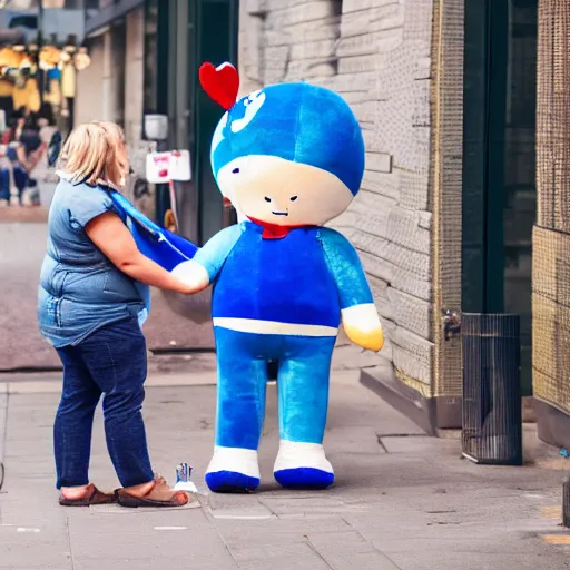 Image similar to blue'snappy gifts'human - sized plush doll, on sidewalk, giving gifts to people, happy atmosphere, high detail, soft lighting, 8 k