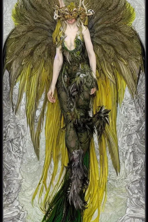 Image similar to highly detailed, intricate stunning image of harpy angel girl, feathered long hair, talons, claws, green and yellow palette, horns, bones in style of alfonson mucha, grey and white, pale, stunning atmosphere, animal and monster by h. r. giger and peter mohrbacher