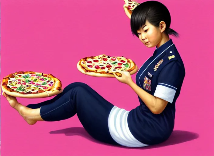 Image similar to portrait of a Asian Mexican mix race young woman school with short hair wearing a navy and white sepuku uniform and eating a pizza on a pink floatie in Kalakaua avenue in Waikiki beach, intricate, elegant, highly detailed, centered, digital painting, artstation, concept art, smooth, sharp focus, illustration, by Peter Mohrbacher, WLOP