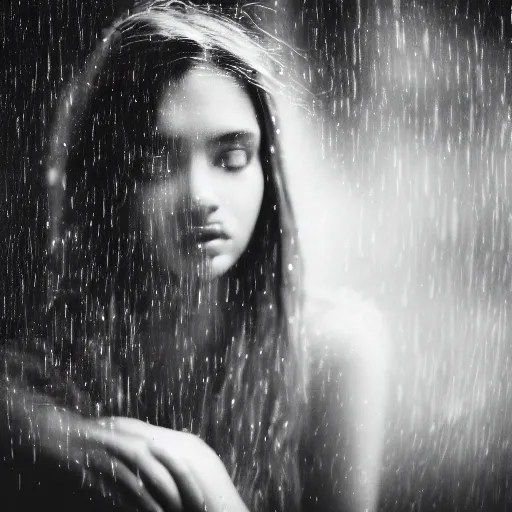 Prompt: analog portrait of a beautiful young woman at night, looking at the camera, rain, greyscale, film grain, bokeh, depth of field