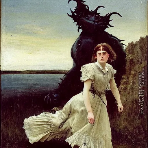 Image similar to young victorian woman fighting a monster, by alfred stevens