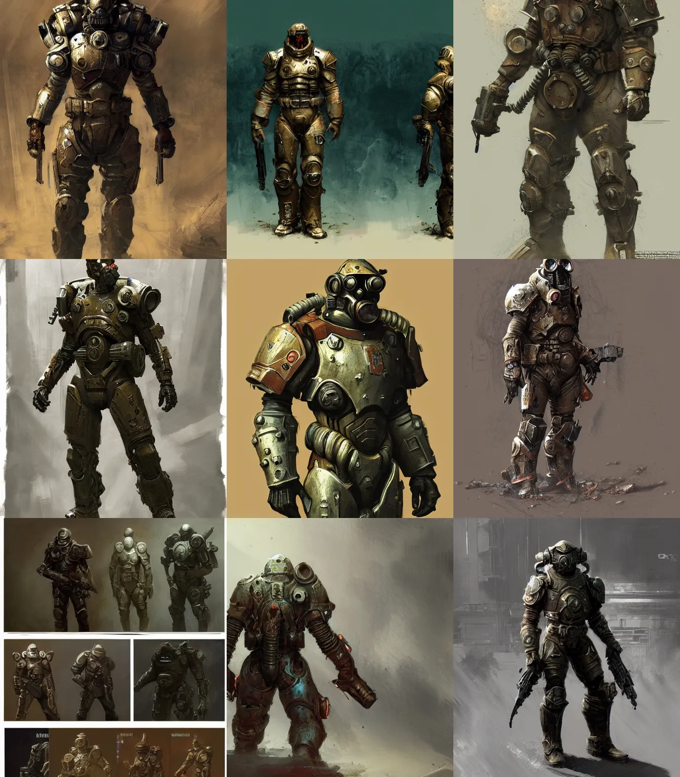 Prompt: Fallout video game armor concept art, muted colors, intricate painting, by Craig Mullins, artstation, hyper detailed, cinematic