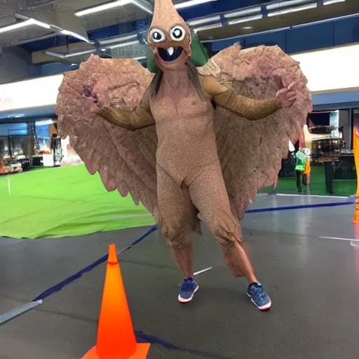 Image similar to ripped physique winged man Norm MacDonald disguised as a mothra whilst wearing a traffic cone hat daniel warren johnson