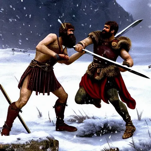 Image similar to ultra realistic leonidas i of sparta and richard the lionheart have a final duel on the snowy peaks, a blizzard is occurring, detailed