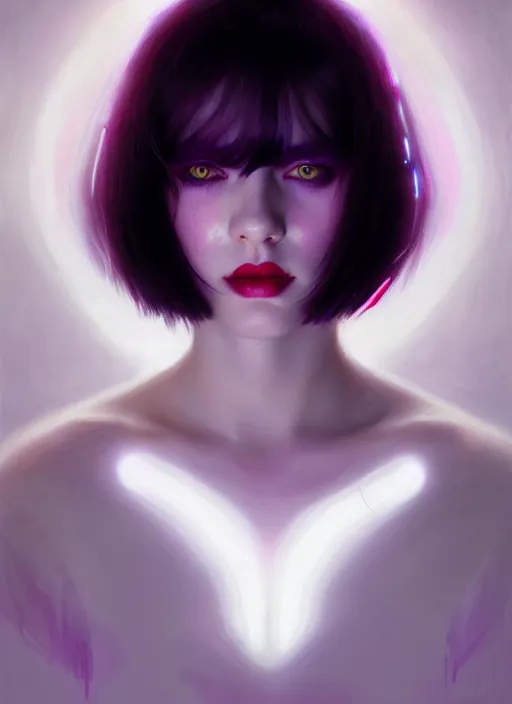 Image similar to portrait of pale teenage girl, red irises, black hair, white bangs, purple lipstick, intricate, elegant, glowing lights, highly detailed, digital painting, artstation, concept art, smooth, sharp focus, illustration, art by wlop, mars ravelo and greg rutkowski