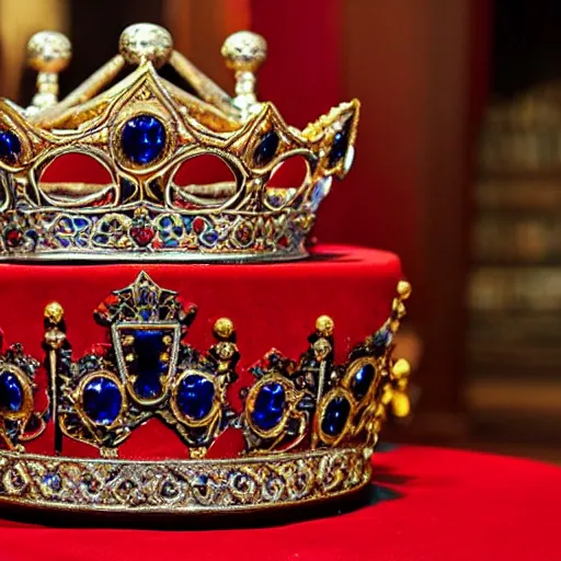 Image similar to a large ornate crown with sapphires and engraved runes, placed upon a crimson altar, d & d, photo