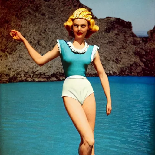 Image similar to a vintage 1 9 4 0 s kodachrome photograph of a avent - gard fashion haute couture collection swimming outfit ensemble inspired by the norse god, freyja.