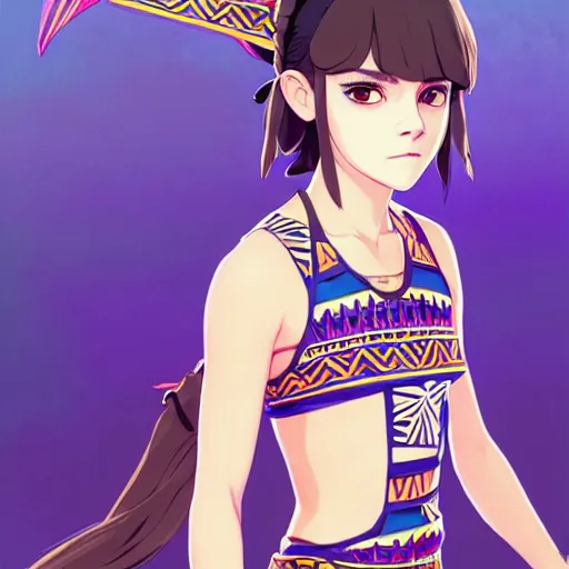 Image similar to a beautiful boyish emma watson alluring instagram model, wearing japanese hiphop aztec leotard outfit with mayan pattern and native style, aztec street fashion bathing suit, botw style, gapmoe yandere grimdark, trending on pixiv fanbox, painted by greg rutkowski makoto shinkai takashi takeuchi studio ghibli, akihiko yoshida