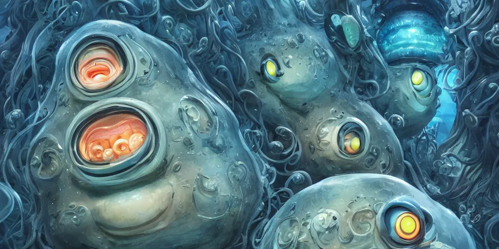 Image similar to of an intricate deep sea with strange cute friendly happy creatures with huge eyes, long tongue, round teeth and goofy funny face, appearing from the background, in the style of gehry and gaudi, macro lens, shallow depth of field, ultra detailed, digital painting, trending artstation, concept art, illustration, cinematic lighting, photorealism, epic, octane render