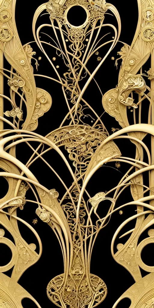 Prompt: the source of future growth dramatic, elaborate emotive Art Nouveau styles to emphasise beauty as a transcendental, seamless pattern, symmetrical, large motifs, 8k image, supersharp, metallic reflective surfaces, glittery iridescent and black colors with gold accents, perfect symmetry, iridescent, pearlescent, High Definition, sci-fi, Octane render in Maya and Houdini, light, shadows, reflections, photorealistic, masterpiece, smooth gradients, high contrast, 3D, no blur, sharp focus, photorealistic, insanely detailed and intricate, cinematic lighting, Octane render, epic scene, 8K