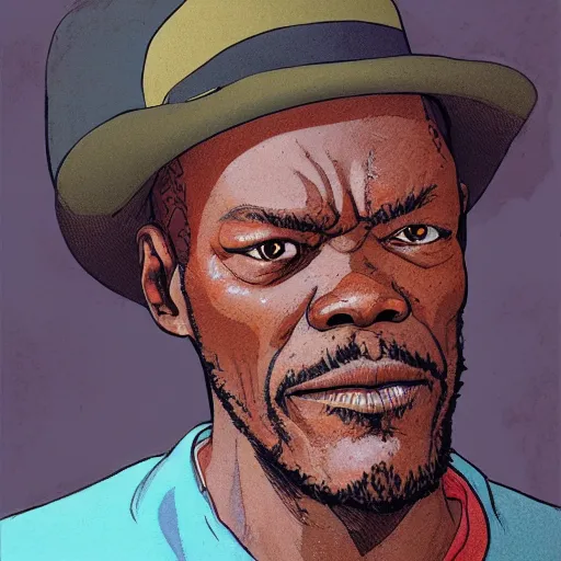 Image similar to a study of cell shaded portrait of Cartoonish Samuel L Jackson concept art, llustration, post grunge, concept art by josan gonzales and wlop, by james jean, Victo ngai, David Rubín, Mike Mignola, Laurie Greasley, highly detailed, sharp focus, alien, Trending on Artstation, HQ, deviantart, art by artgem