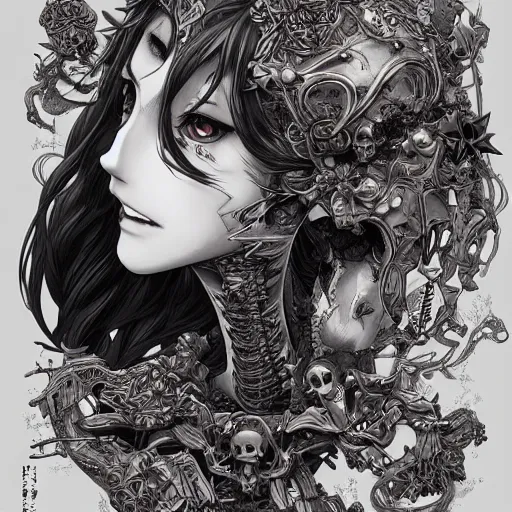 Image similar to anime manga skull profile young woman skeleton, elf, ape, monkey, unreal engine, intricate, elegant, highly detailed, digital art, art by JC Leyendecker and sachin teng