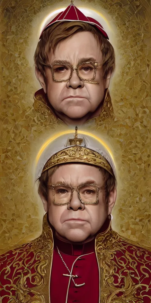 Image similar to Elton John as the pope, headshot, painted renaissance character portrait, highly detailed, painting, artstation, sharp focus, art by artgerm and greg rutkowski and alphonse mucha and magali villeneuve