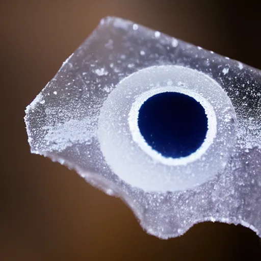 Prompt: a transparent sheet of intact frosted ice, with a refracted eye behind it, XF IQ4, f/1.4, ISO 200, 1/160s, 8K, RAW, unedited, symmetrical balance, in-frame