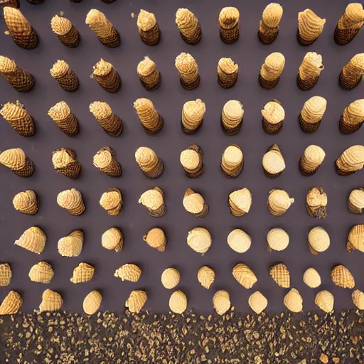 Image similar to a photograph of an infinite field of ice cream cones. shallow depth - of - field. bugs'view.