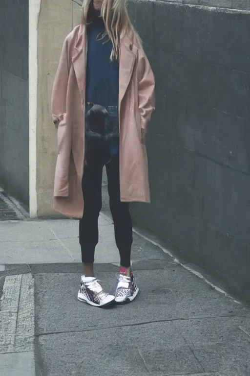 Image similar to high quality realistic street photo of girl, blond hair, clothes in the style of 1 9 9 0, sneakers, lowered socks, loose coat ; kodak ektar, 2 0 0 iso, 3 5 mm lens, bill henson style beautiful chiaroscuro lighting, beautiful colour palette, beautiful and realistic, wide shot