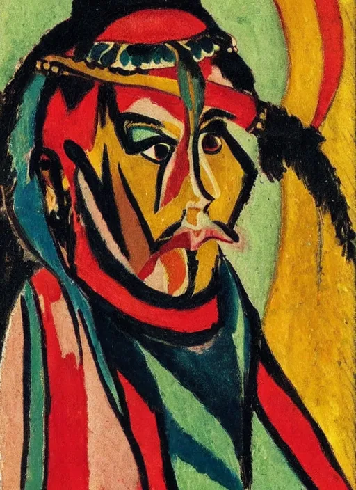 Prompt: a portrait of a shaman by Ernst Ludwig Kirchner, symbolist, soft colors, dramatic lighting, smooth, sharp focus, extremely detailed, aesthetically pleasing composition