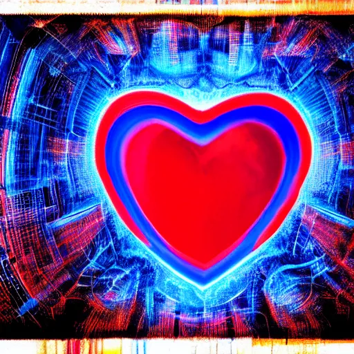 Prompt: heart of code, retouched with photoshop, edited, vivid blue and red hues, artistic, high detail