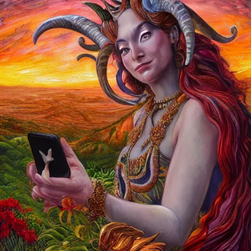 Image similar to painting by senior concept artist josephine wall, horned ram goddess checking her cell phone, erupting volcano and sunset in distance in background, flowers in foreground, fantasy, acrylic on canvas, intricately detailed, highly detailed, high resolution, hdr, 8 k, trending on artstation