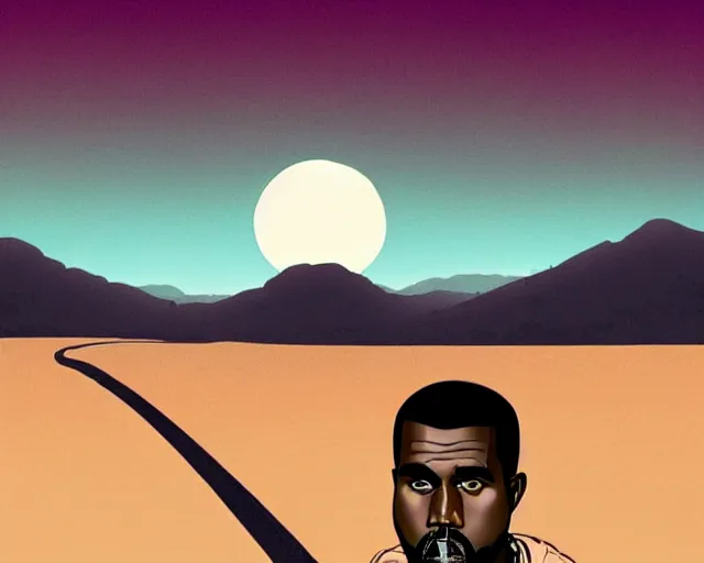 Image similar to a study of cell shaded cartoon of kanye west on a desert road, in front of a big moon illustration, wide shot, muted colors, post grunge, concept art by josan gonzales and wlop, david rubin, mike mignola, laurie greasley, highly detailed, sharp focus, trending on artstation, hq, deviantart, art by artgem