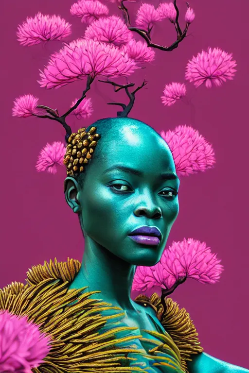 Prompt: hyperrealistic neo - rococo cinematic super expressive! yoruba goddess with exoskeleton armor, merging with tree in a forest, pink yellow flowers, highly detailed digital art masterpiece, smooth cam de leon eric zener dramatic pearlescent soft teal light, ground angle hd 8 k, sharp focus