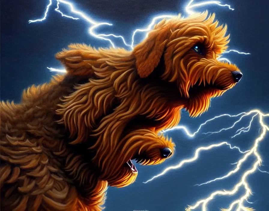 Image similar to an epic painting of a male anthropomorphic brown goldendoodle fursona as zeus, shooting lightning bolts from his paws, by alex grey and greg rutkowski, intricate details, artstation, furry, cinematic, hd, beautiful