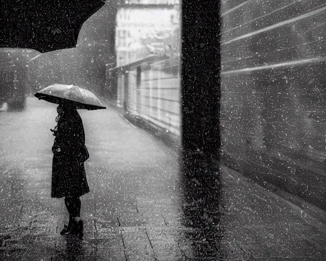 Prompt: woman standing in the rain looking up, dramatic, long lens, anamorphic, photography
