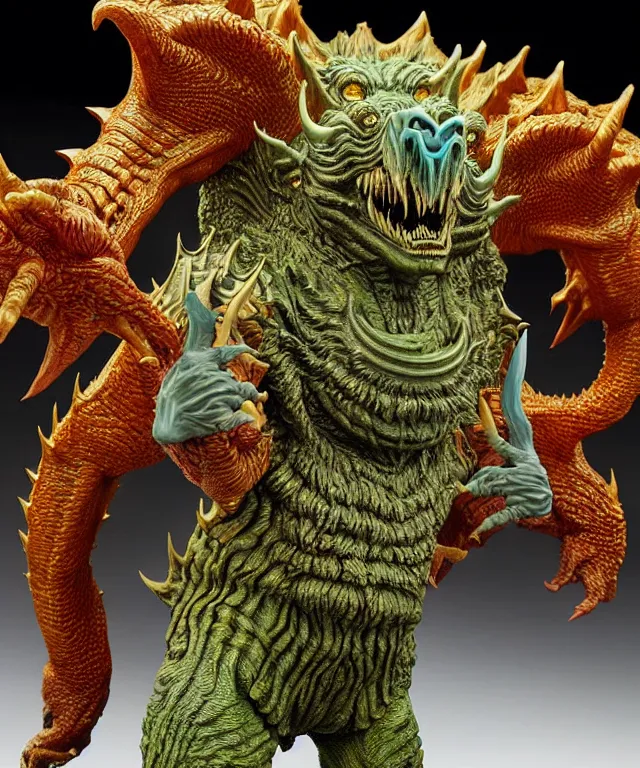 Image similar to a hyperrealistic rendering of an epic boss fight against an ornate king emporer kaiju beast god by art of skinner and richard corben, product photography, collectible action figure, sofubi