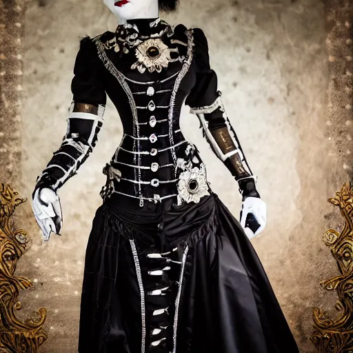 Image similar to gothic cyborg victorian bizzare porcelain woman with artnouveau garment and ornaments sharp focus 8 k