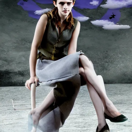 Image similar to Emma Watson sitting on a magic broomstick flying in the clouds, full body shot