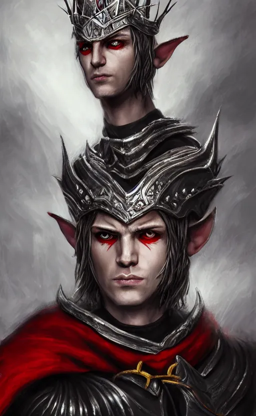 Image similar to A portrait of a male elf, 20 years old, short silver hair, red eyes, wearing a spiked black metal crown, black heavy armor with gold trim, and a red cape, lean but muscular, attractive, command presence, royalty, weathered face, smooth, sharp focus, illustration, concept art, highly detailed portrait, muscle definition, fantasy painting, ArtStation, ArtStation HQ