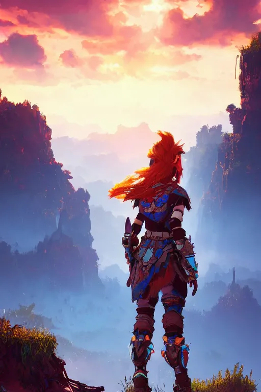 Image similar to combination suit armor aloy horizon forbidden west horizon zero dawn radiating a glowing aura global illumination ray tracing hdr fanart arstation by ian pesty and alena aenami artworks in 4 k tribal robot ninja mask helmet backpack