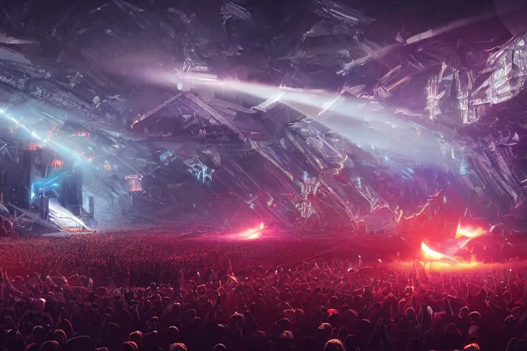 Image similar to a futuristic epic rock concert with flames and laser, huge clouds of smoke and bright beams of light, the crowd are screaming in ecstasy, hypermaximalistic, high details, cinematic, 8k resolution, beautiful detailed, insanely intricate details, artstation trending, octane render, unreal engine