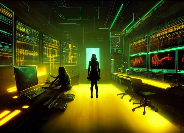 Image similar to a dimly lit room with a cyberpunk girl sat in the middle. a wall of televisions and computer screens. eerie yellow glow. oscilloscope. cyberpunk vibes. sci - fi. zack snyder. tooth wu and wlop and beeple and greg rutkowski and peter gric and victo ngai.
