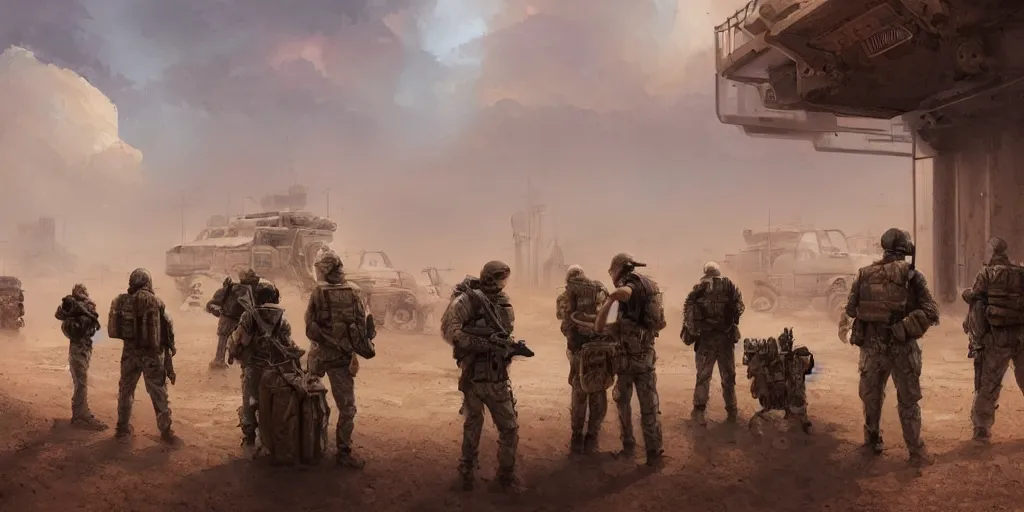 Image similar to private military company operatives standing outside immigration check point with severe sand storm across the sky, cinematic, realistic, detailed, intricate, digital art, ambient lighting, by jordan grimmer, pop art style, 3 5 mm film grain, artstation