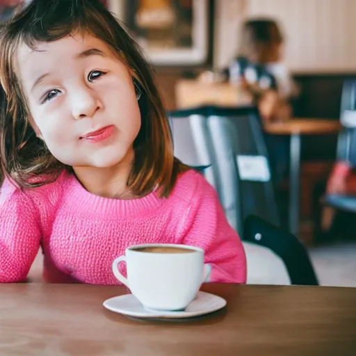 Image similar to cute girl in a pink sweater with a teddy bear sits in a cafe photo, medium shot, 8 5 mm