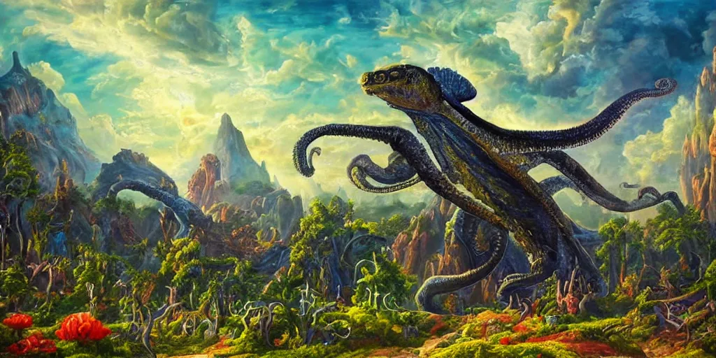 Image similar to fantasy oil painting, great leviathan, cybernetic turtle cephalopod terrapin reptilian pachyderm squid, bella hadid, hybrid, milla jovovich, anubis, epic natural light, lush plants flowers, spectacular mountains, bright clouds, luminous sky, outer worlds, golden hour, michael cheval, edward hopper, michael whelan, vray, hd