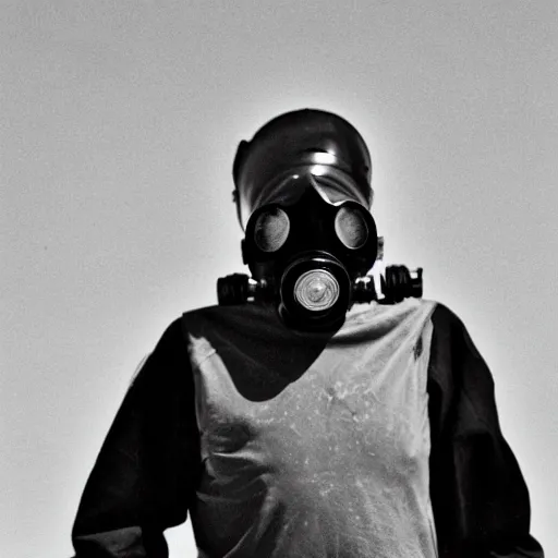 Image similar to a man wearing a gasmask, heavily equipped, in the desert, film still, arriflex 35