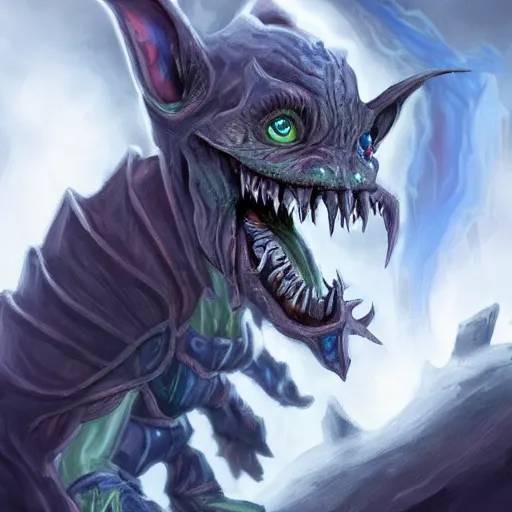 Prompt: a highly detailed goblin with grey skin and blue eyes that glow, caught in a tornado, like magic the gathering, goblin chainwalker,, digital art, by christopher rush